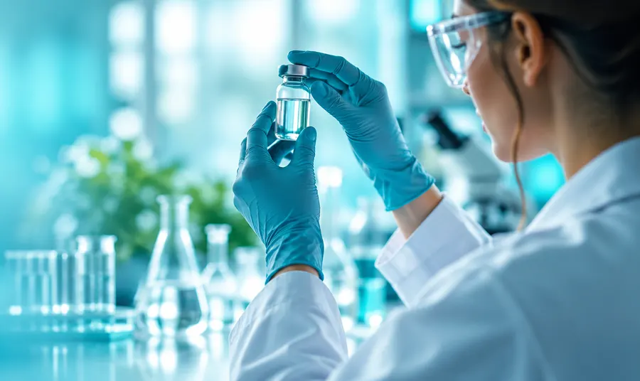 Cientista analisando um frasco em laboratório